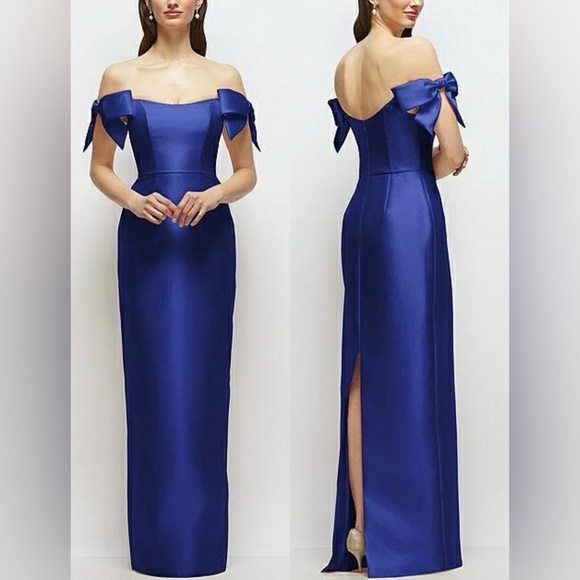 ALFRED SUNG Dresses & Skirts - NEW Alfred Sung Bow Basque neck Off the Shoulder Satin Column Blue Gown Sz 14